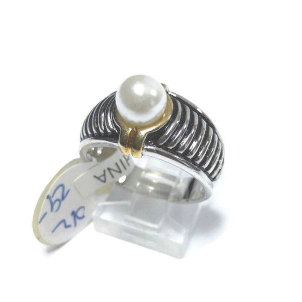 Silver Pearl Solitare Ring Gold Accents Cable Band